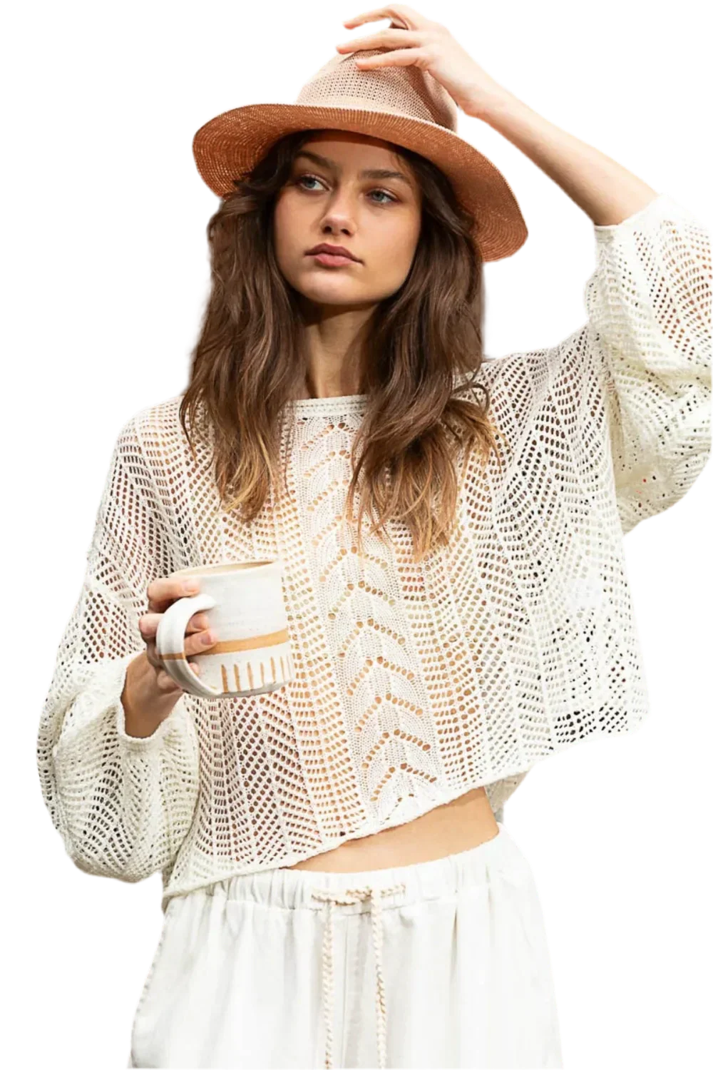 Openwork Balloon Sleeve Knit Cover Up - minbolu -