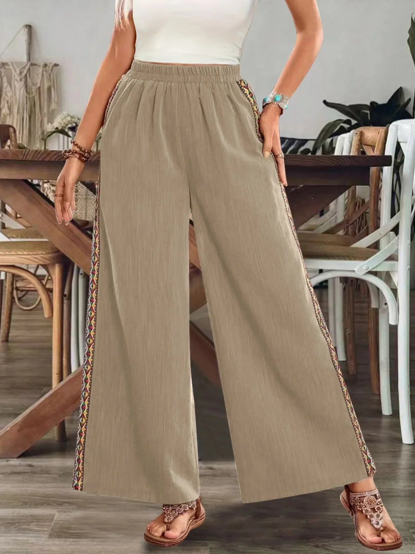 Bohemian Wide Leg Embroidered Side Stripe Pants - minbolu -