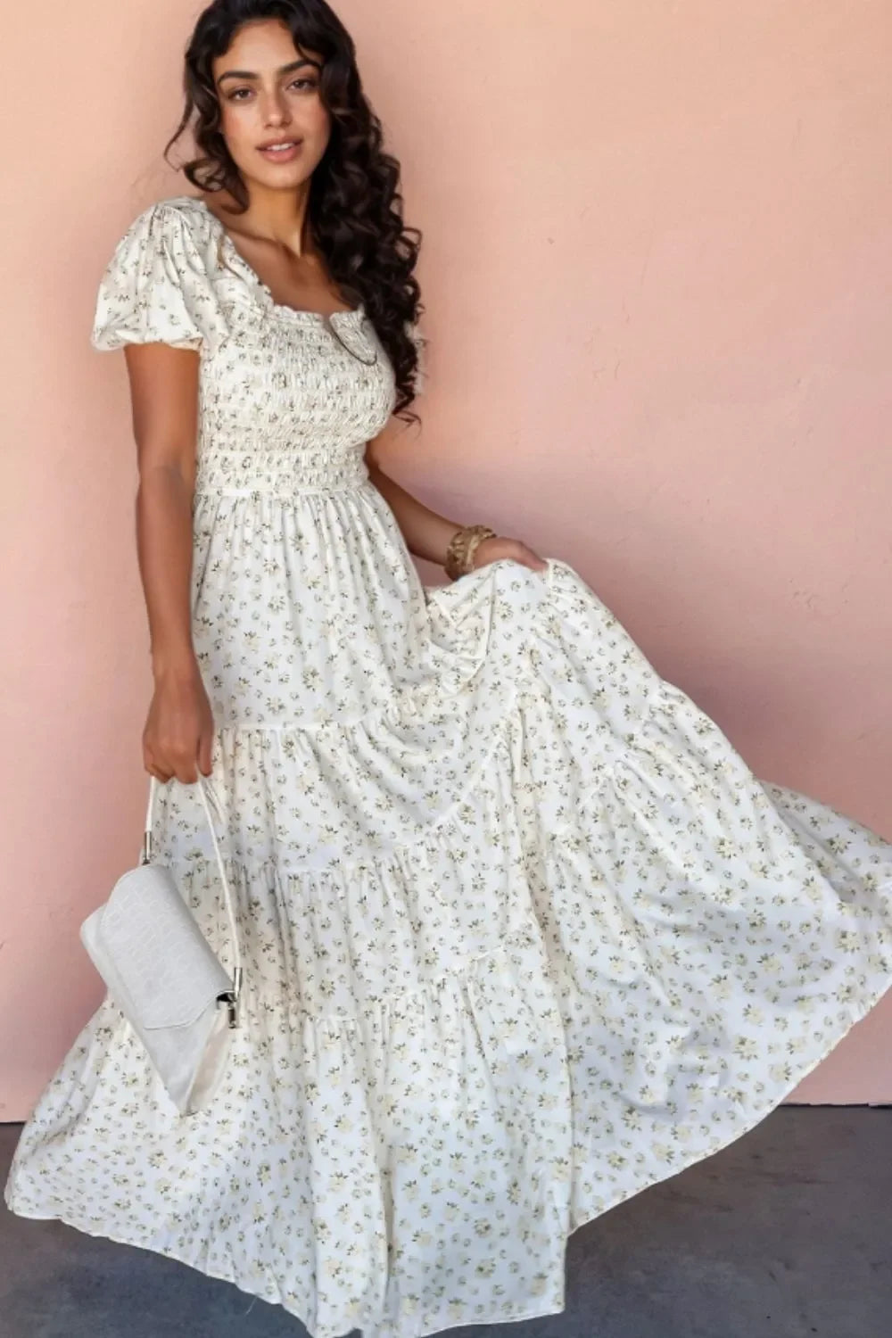 Floral Smocked Maxi Dress with Puff Sleeves - minbolu -