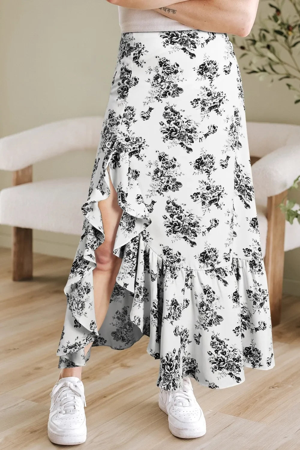 Boho Floral High Waist Ruffle Split Maxi Skirt - minbolu -