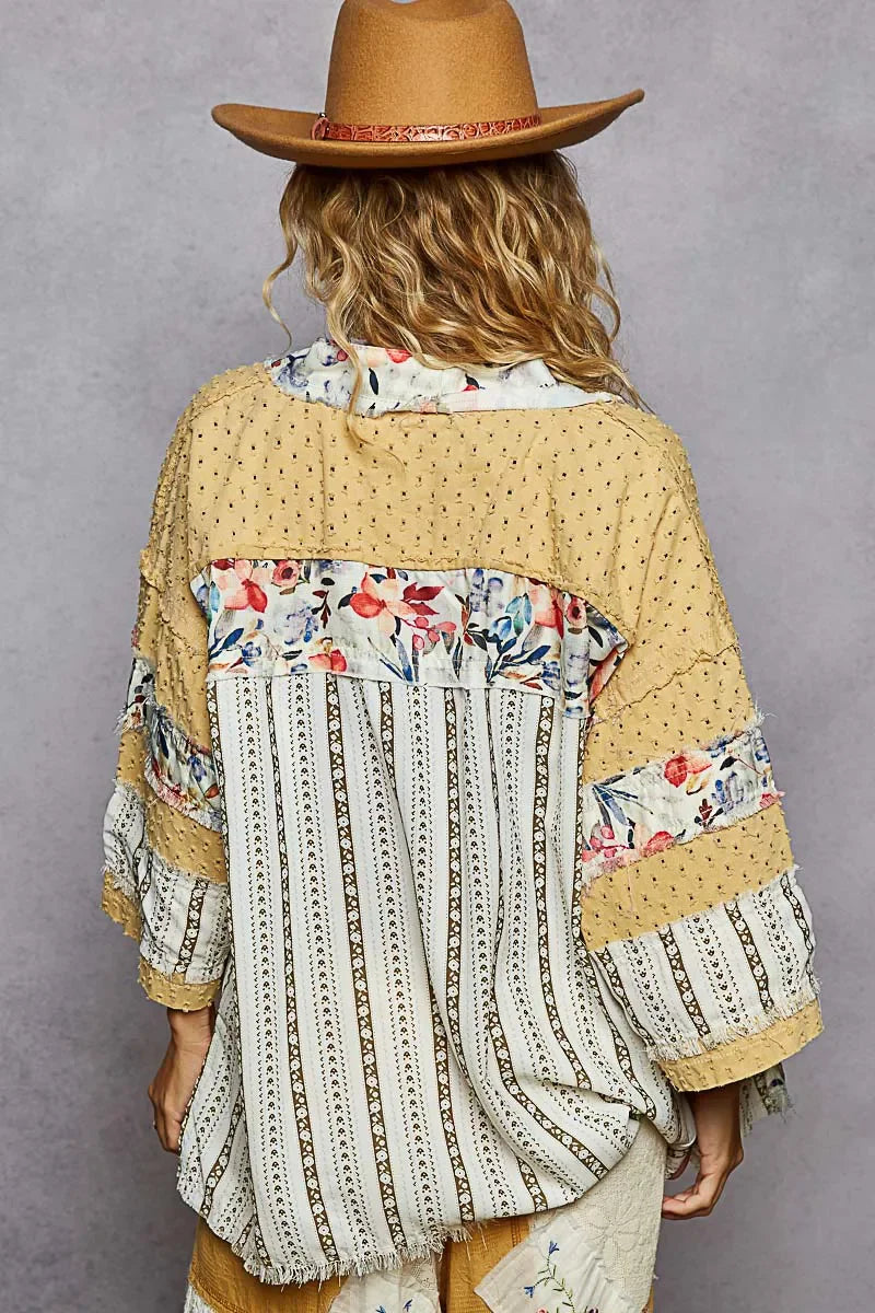 POL Raw Edge Open Front Patchwork Cardigan with Floral Trim - minbolu -