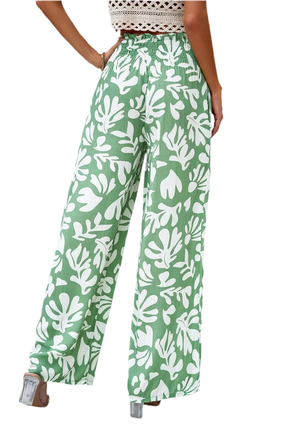 Printed Wide Leg Smocked Pants with Pockets - minbolu -