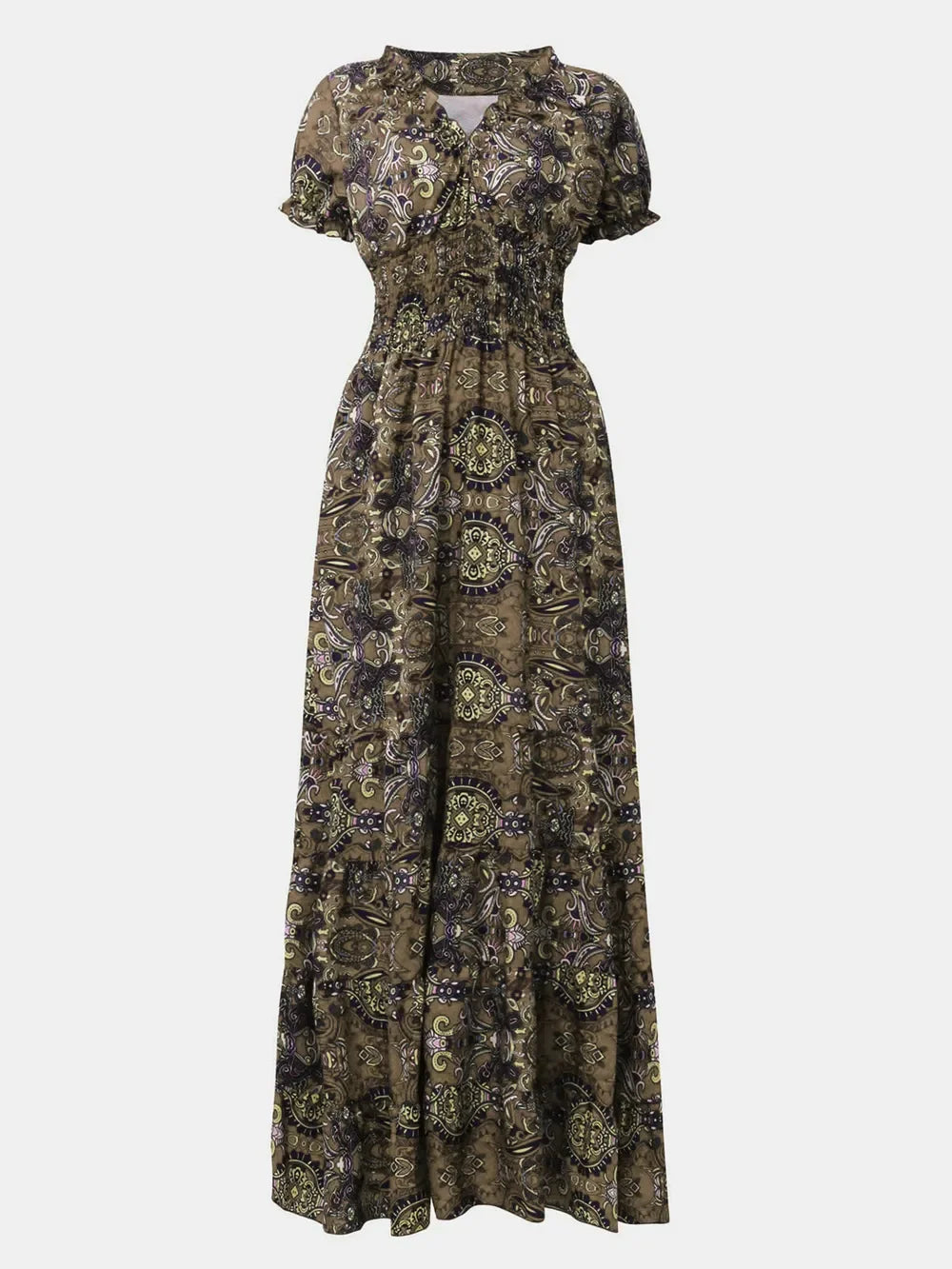 Full Size Smocked Printed V-Neck Short Sleeve Dress - minbolu -