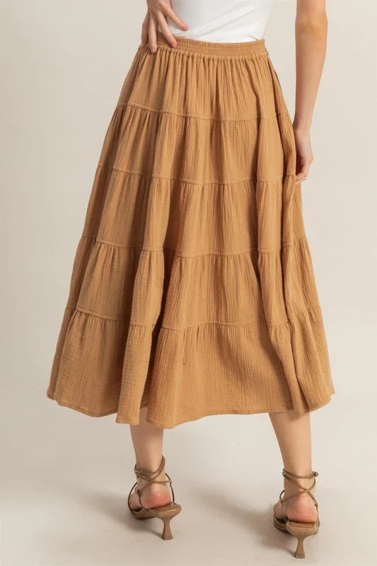 Double Gauze Tiered Midi Skirt with Pockets - minbolu -