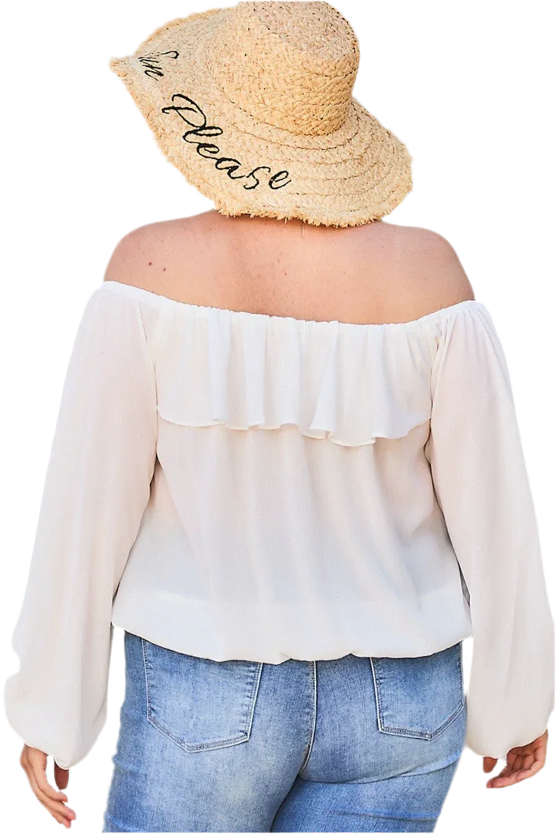 White Off Shoulder Ruffle Bubble Sleeve Top - minbolu -