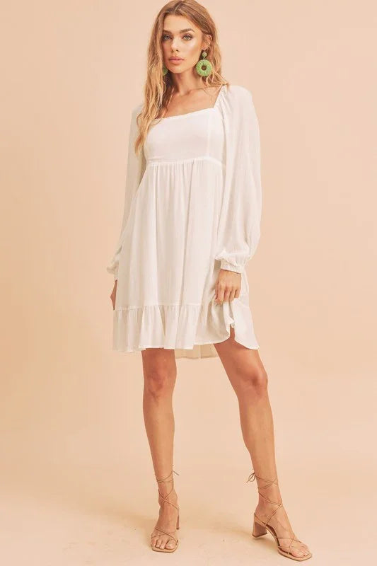 Ruffled Hem Square Neck Mini Dress - minbolu -