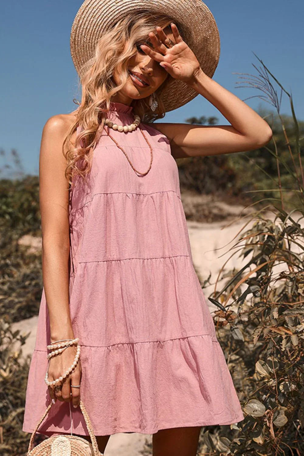 Sleeveless Tiered Ruffle Collar Dress - minbolu -