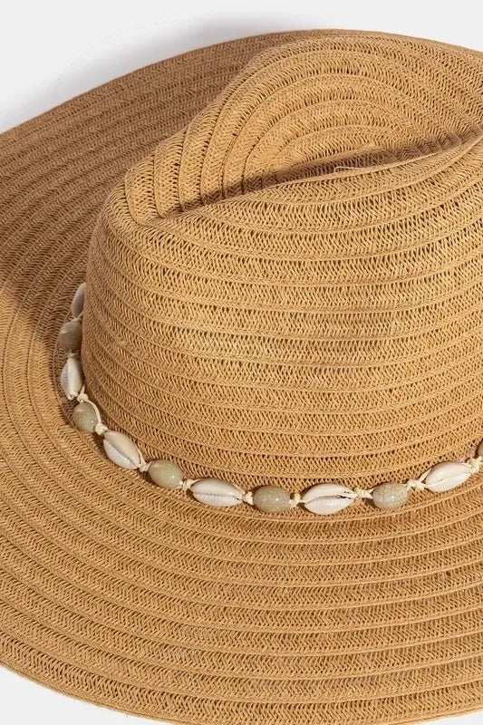 Fame Shell Beaded Wide Brim Straw Hat - minbolu -