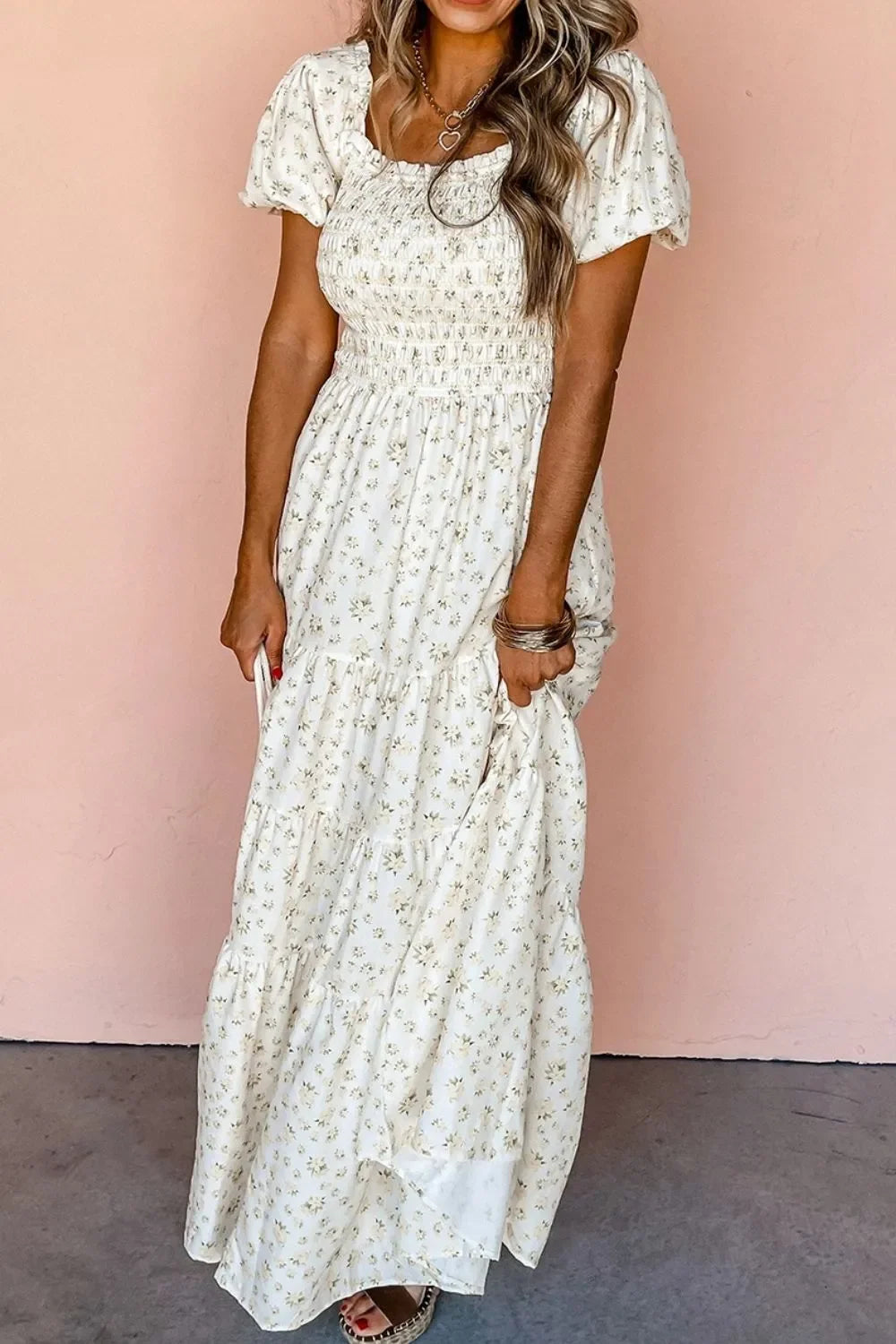 Floral Smocked Maxi Dress with Puff Sleeves - minbolu -