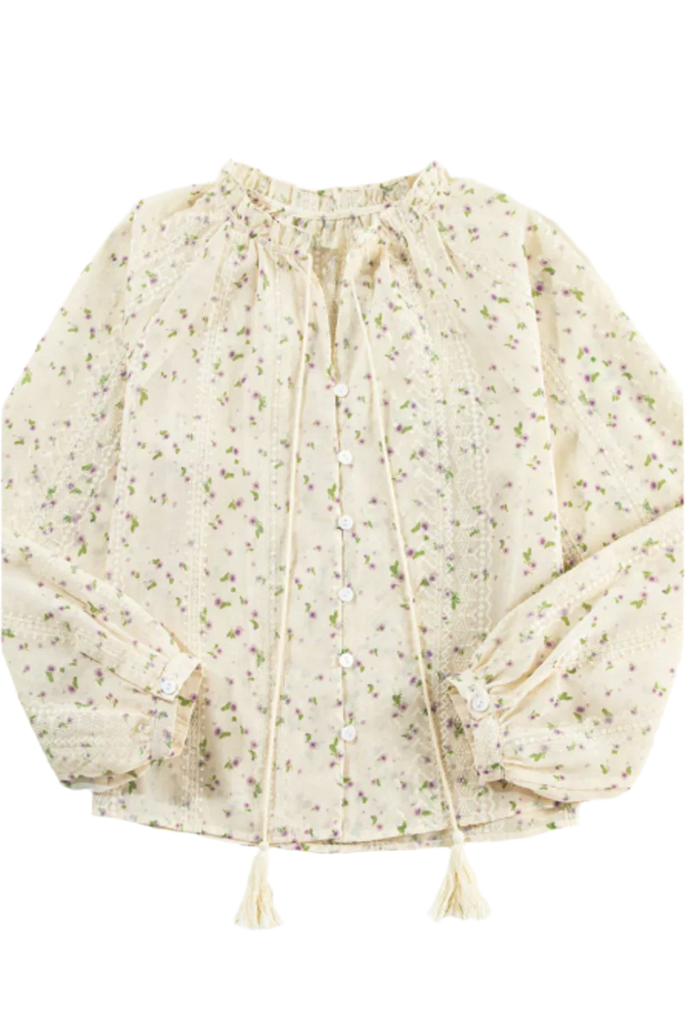 Frill Lace Detail Printed Long Sleeve Blouse - minbolu -