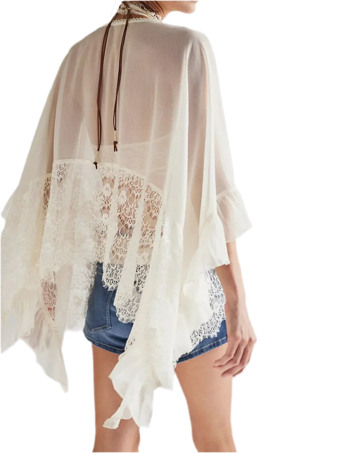 Lace V-Neck Ruffle Cover-Up - Beach Blouse - minbolu -