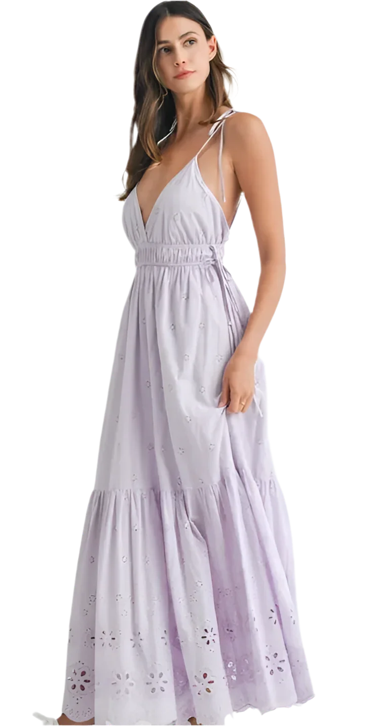 Elegant Eyelet Lace Maxi Dress with Side Strap Details - minbolu -