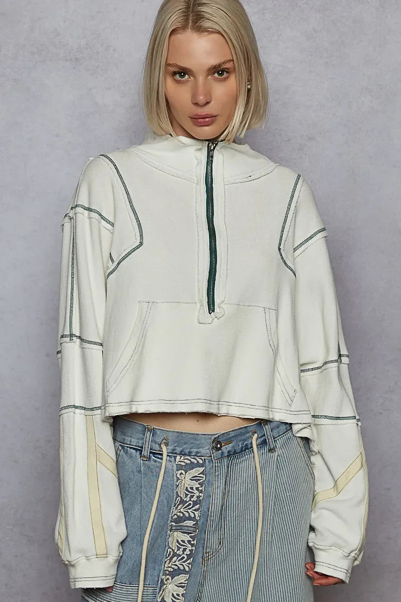POL Contrast Stitching Zip Front Sweatshirt - minbolu -