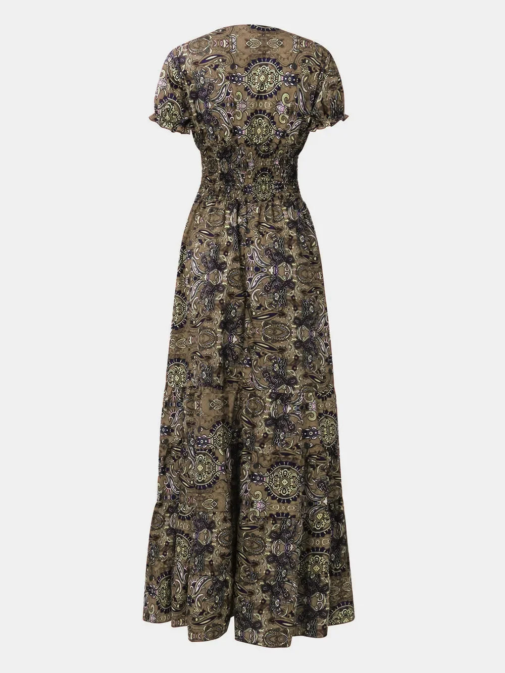Full Size Smocked Printed V-Neck Short Sleeve Dress - minbolu -
