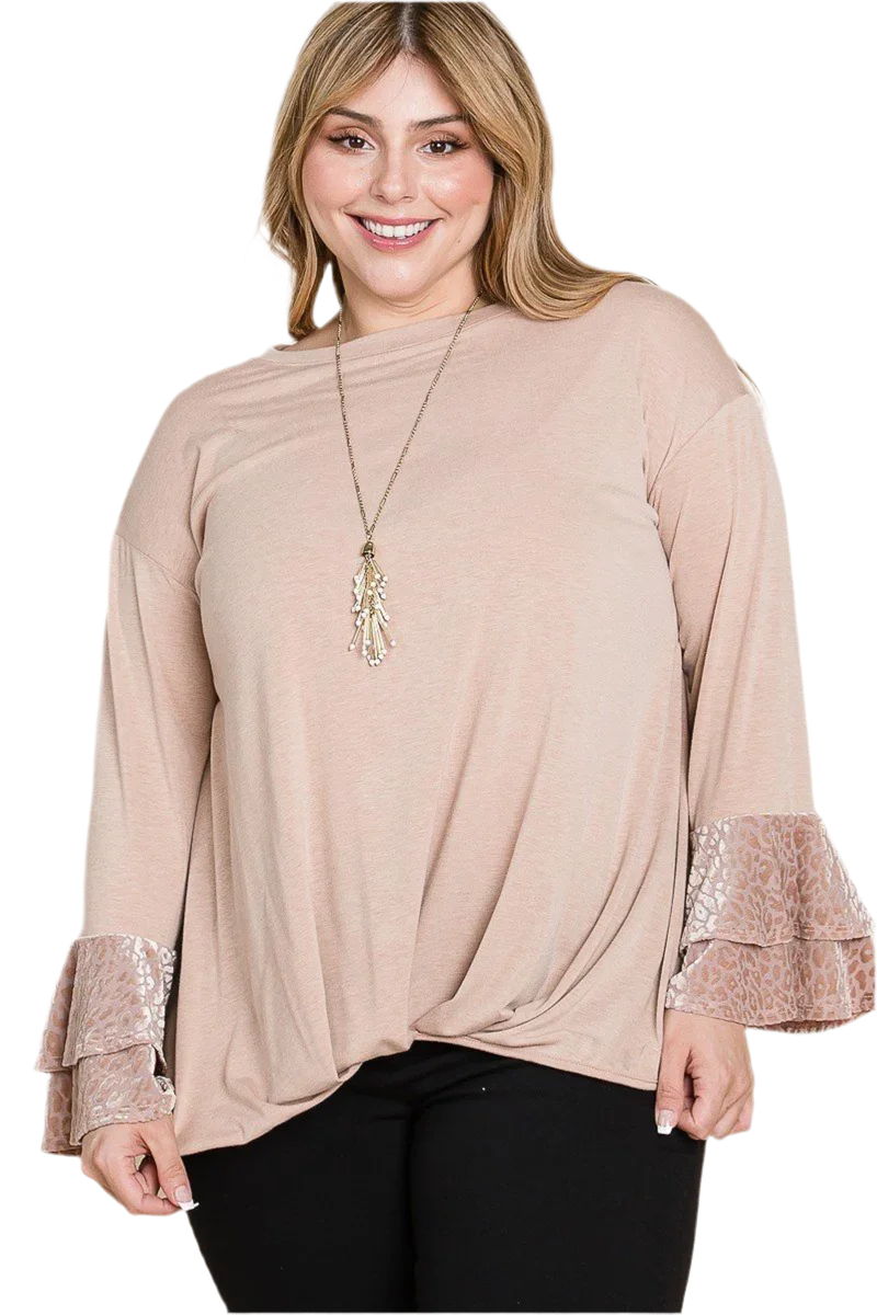 Plus Size Two Tier Velvet Animal Mesh Sleeves Top - minbolu -