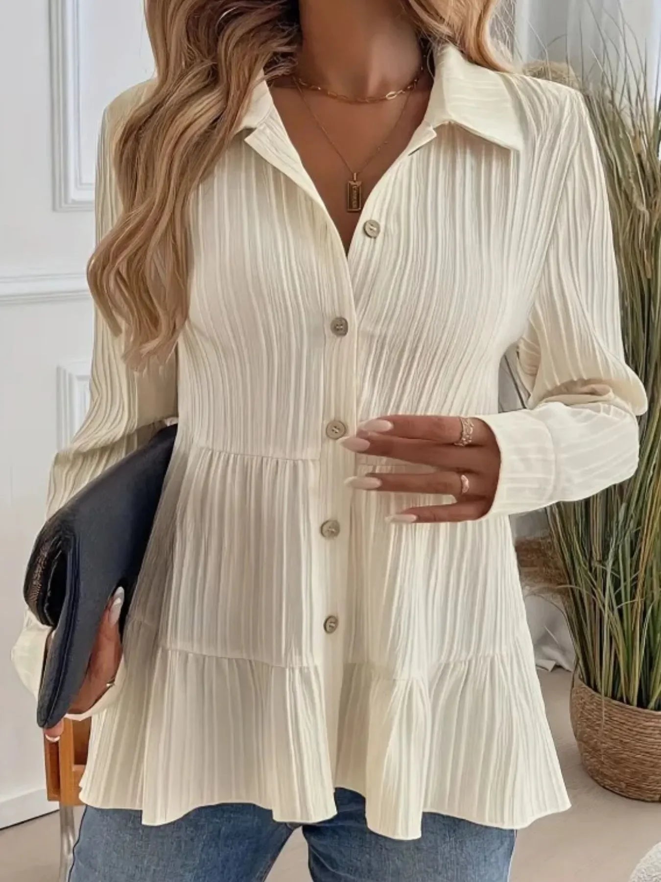 Striped Button-Down Tiered Shirt - minbolu -