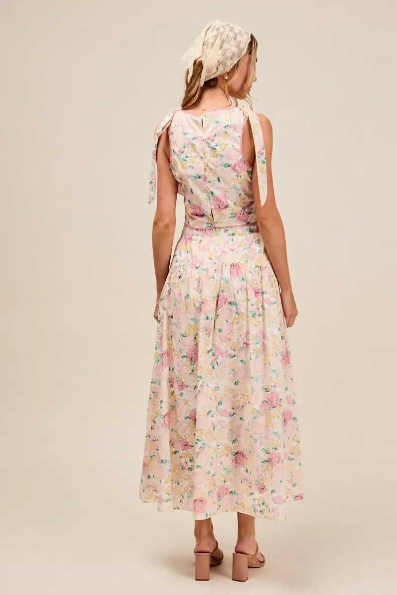 SO ME Floral Printed Woven Shoulder Bow Tie Top and Skirt Set - minbolu -