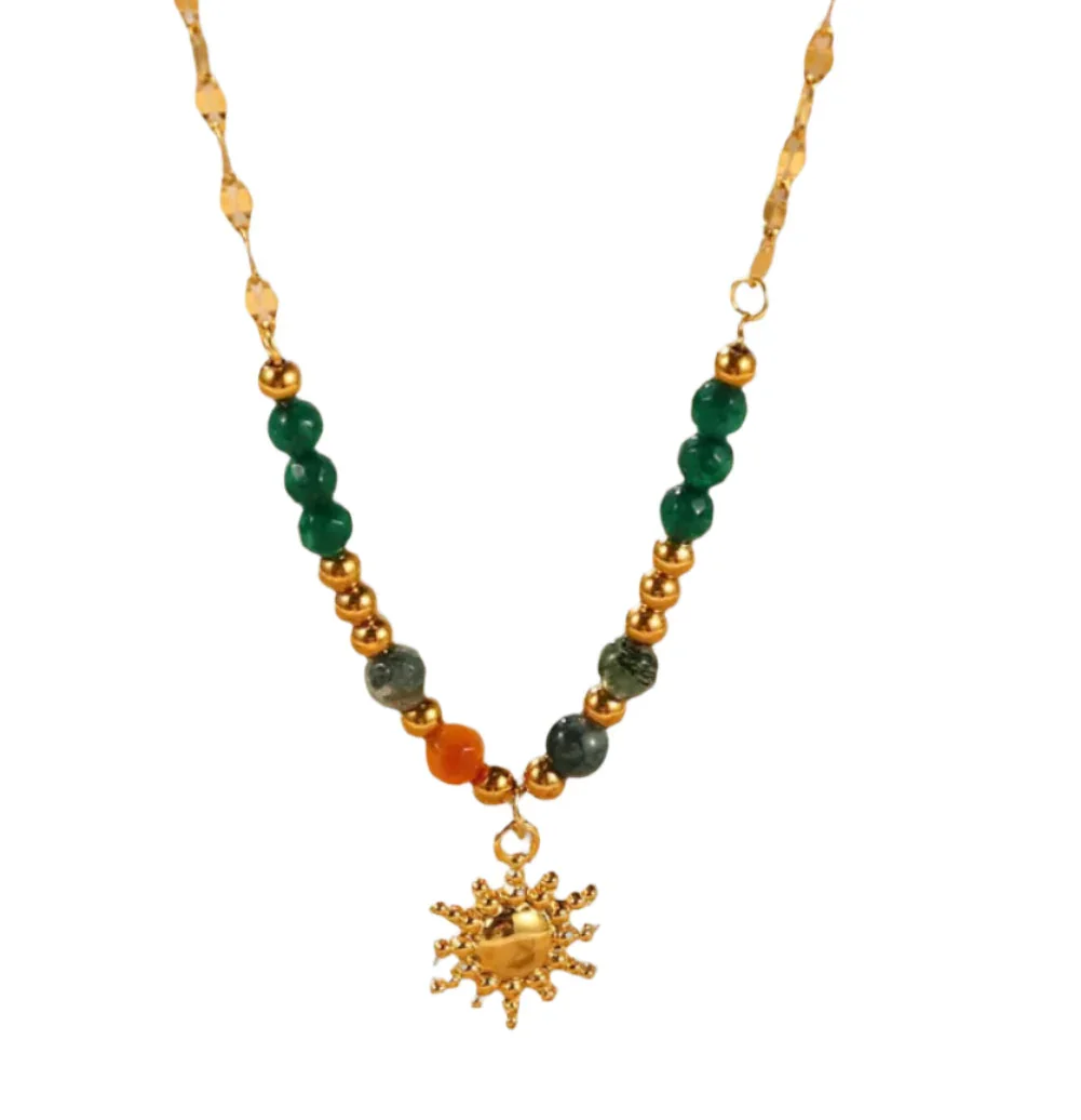 Bohemian Sun Charm Beaded Stainless Steel Necklace - minbolu -