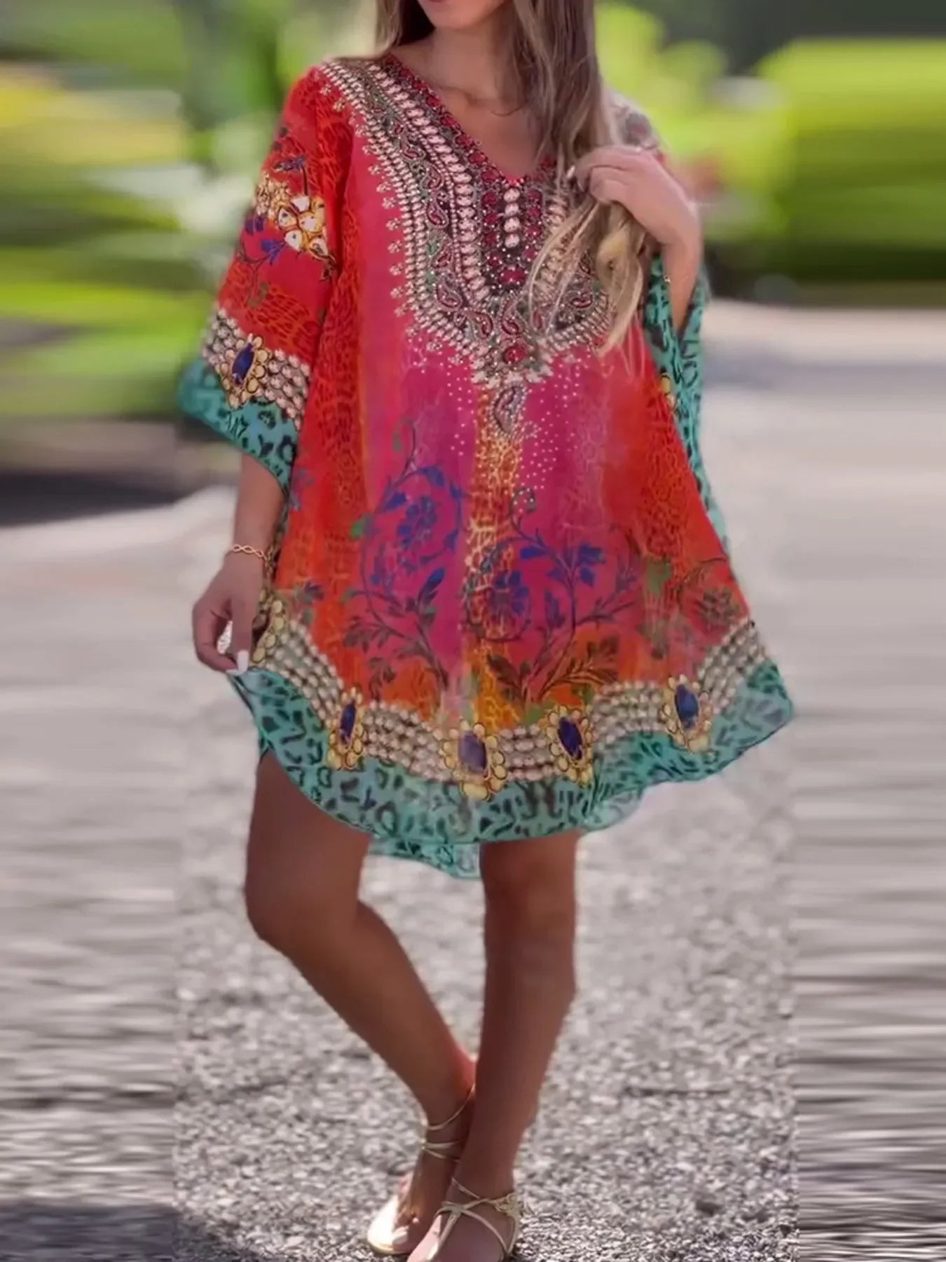 Floral Print V-Neck Cover Up - minbolu -