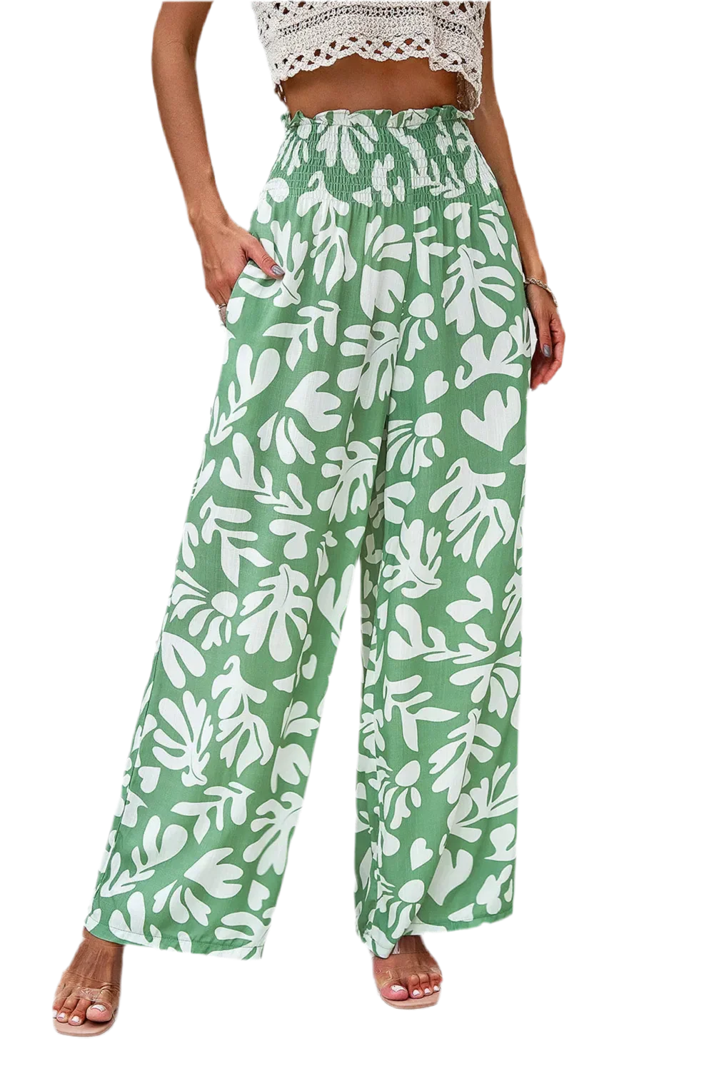 Printed Wide Leg Smocked Pants with Pockets - minbolu -