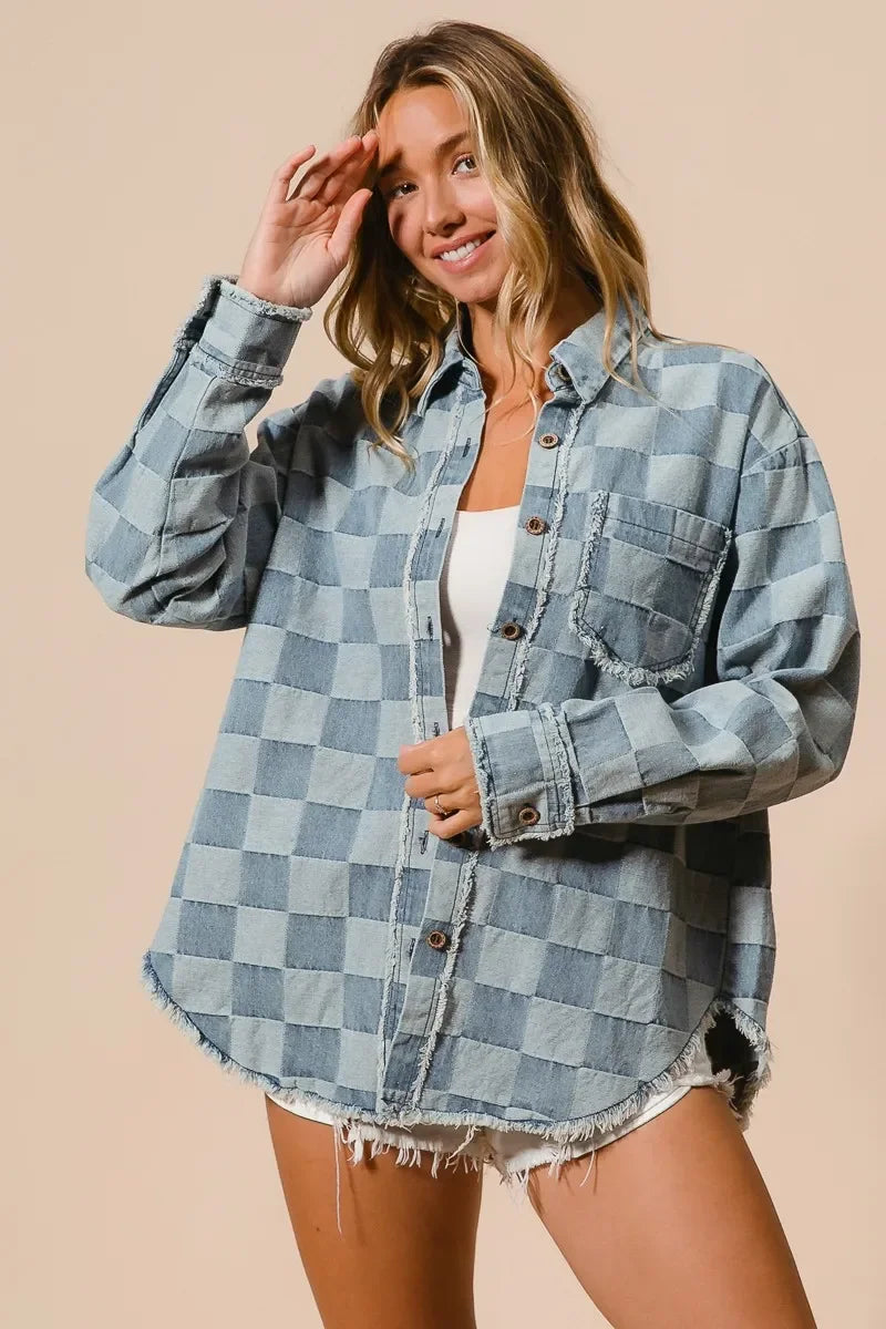 BiBi Frayed Edged Detail Washed Checker Denim Shirt - minbolu -