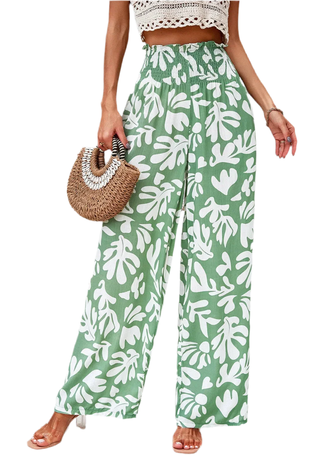 Printed Wide Leg Smocked Pants with Pockets - minbolu -