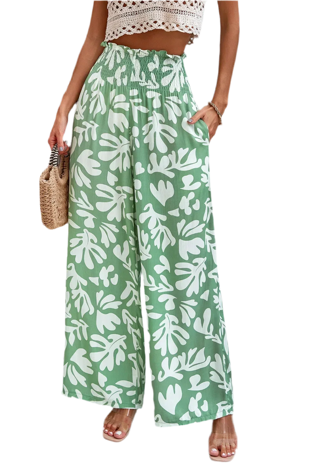 Printed Wide Leg Smocked Pants with Pockets - minbolu -