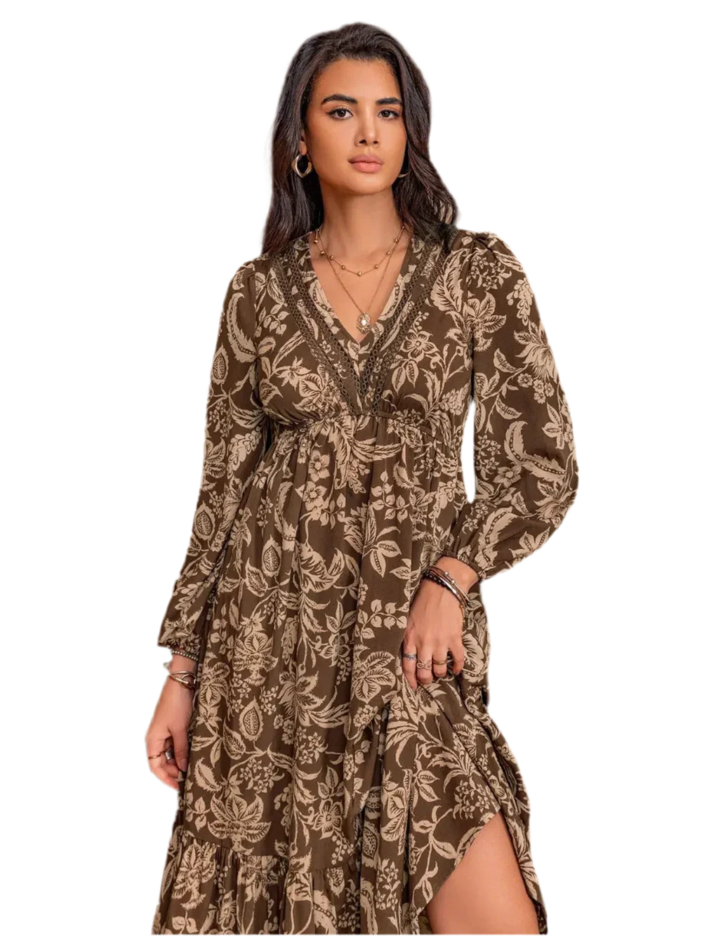 Printed V-Neck Ruched Long Sleeve Midi Dress - minbolu -