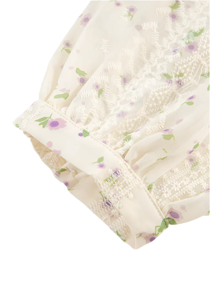 Frill Lace Detail Printed Long Sleeve Blouse - minbolu -