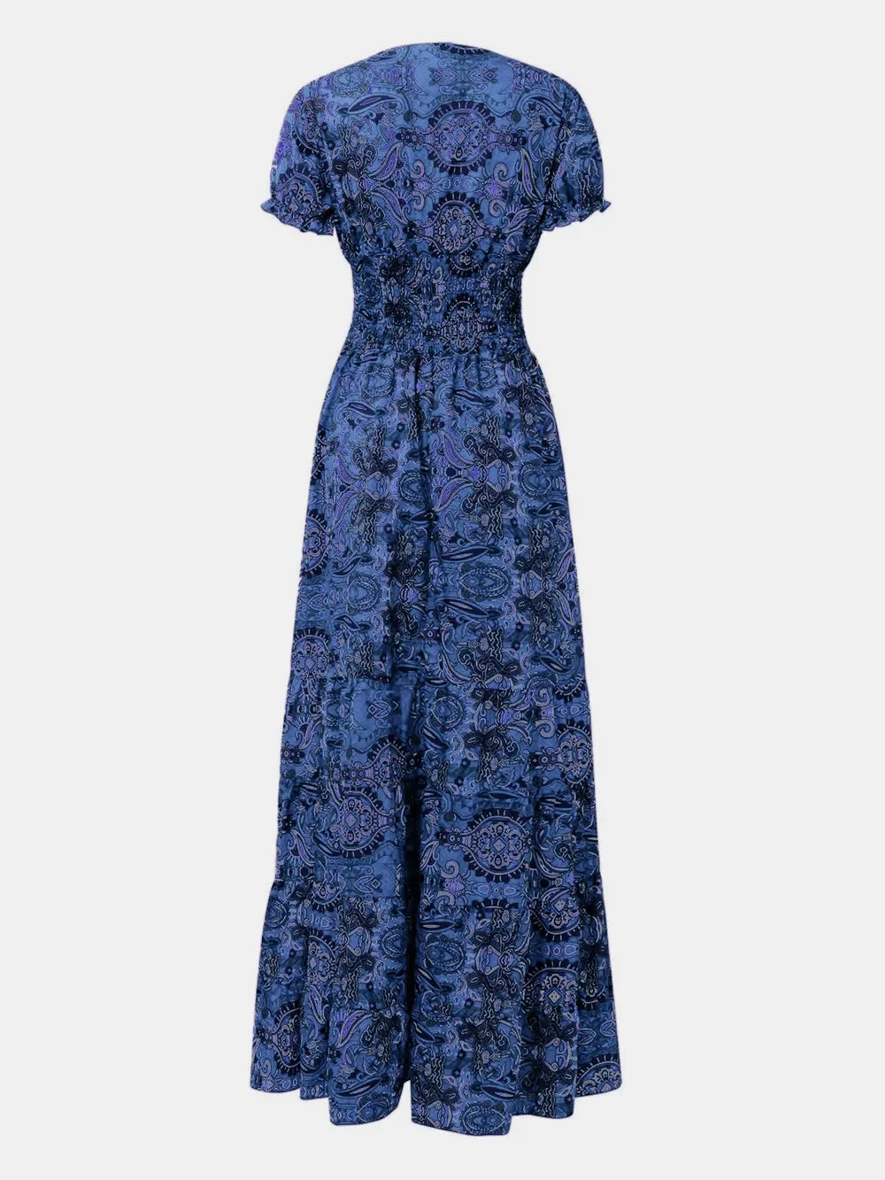 Full Size Smocked Printed V-Neck Short Sleeve Dress - minbolu -