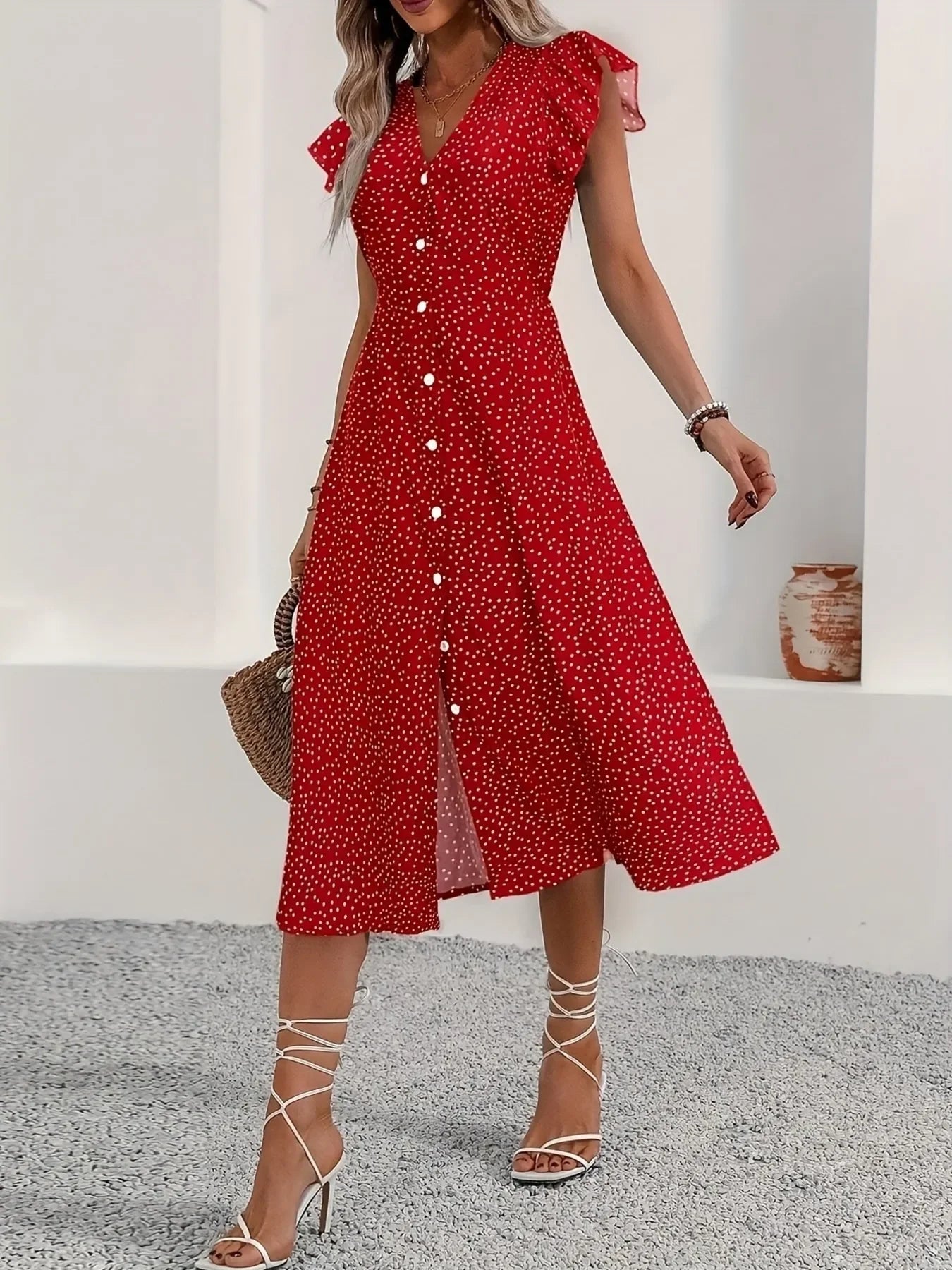 Button-Front Midi Dress with Ruffle Sleeves - minbolu -