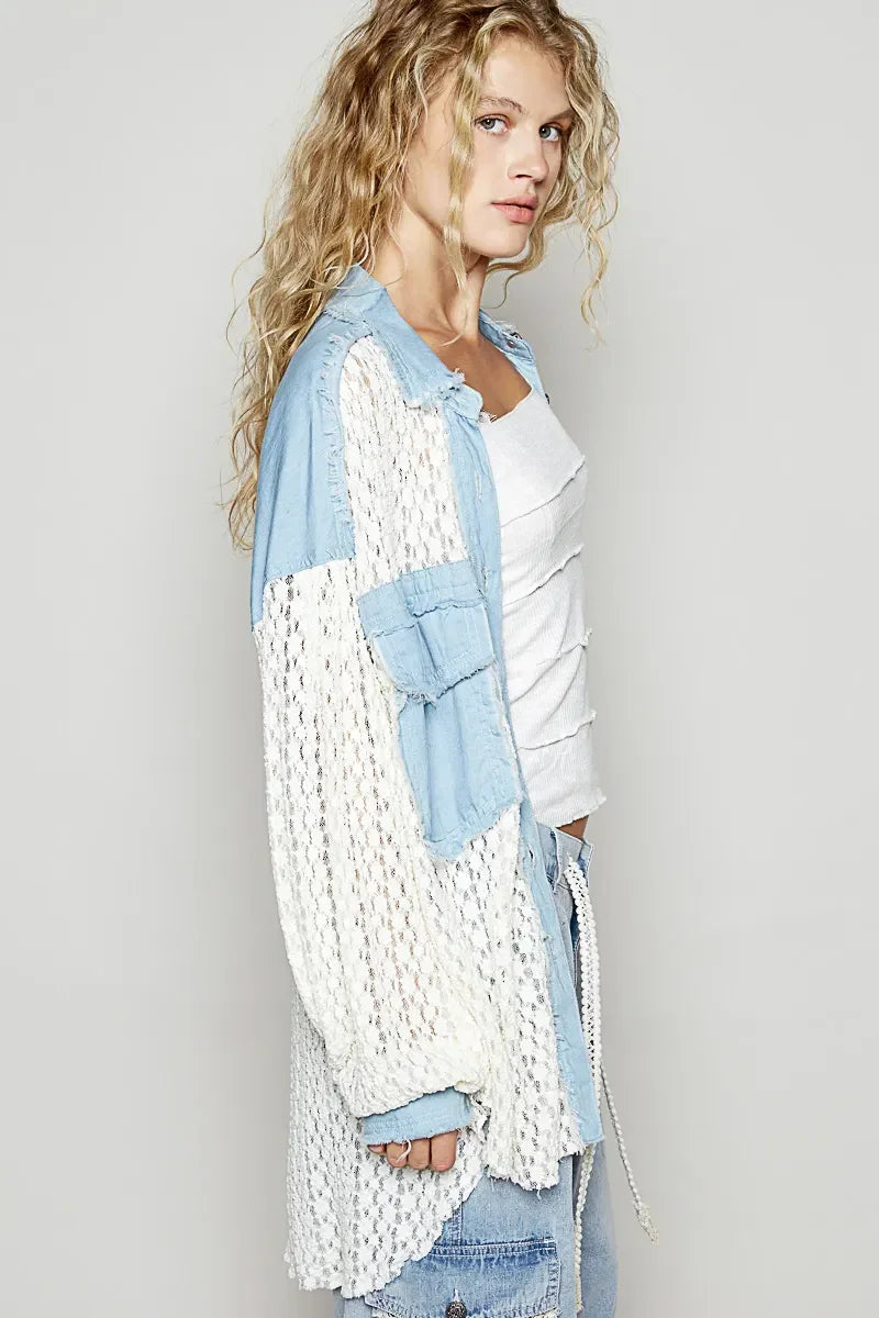 POL High-Low Denim Patchwork Lace Shirt - minbolu -