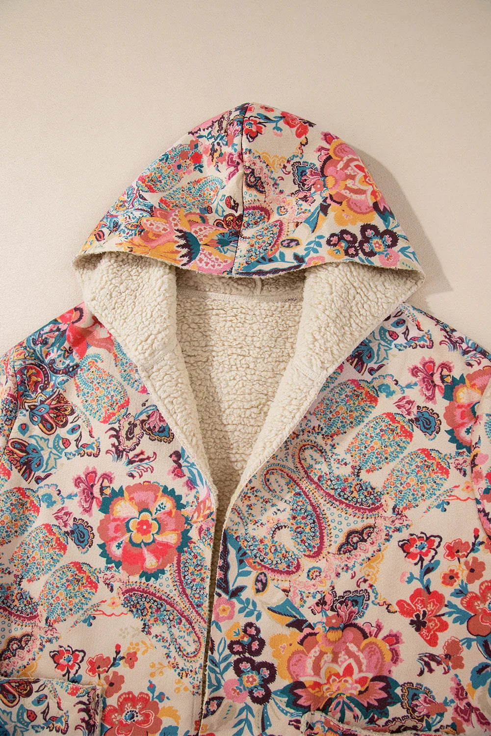 Beige Vintage Paisley Floral Printed Sherpa Lined Hooded Jacket - minbolu -