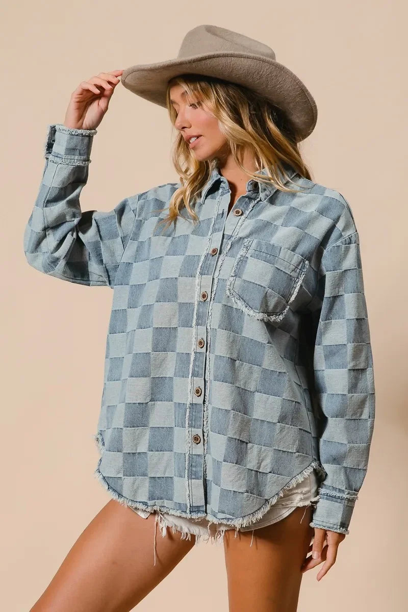 BiBi Frayed Edged Detail Washed Checker Denim Shirt - minbolu -
