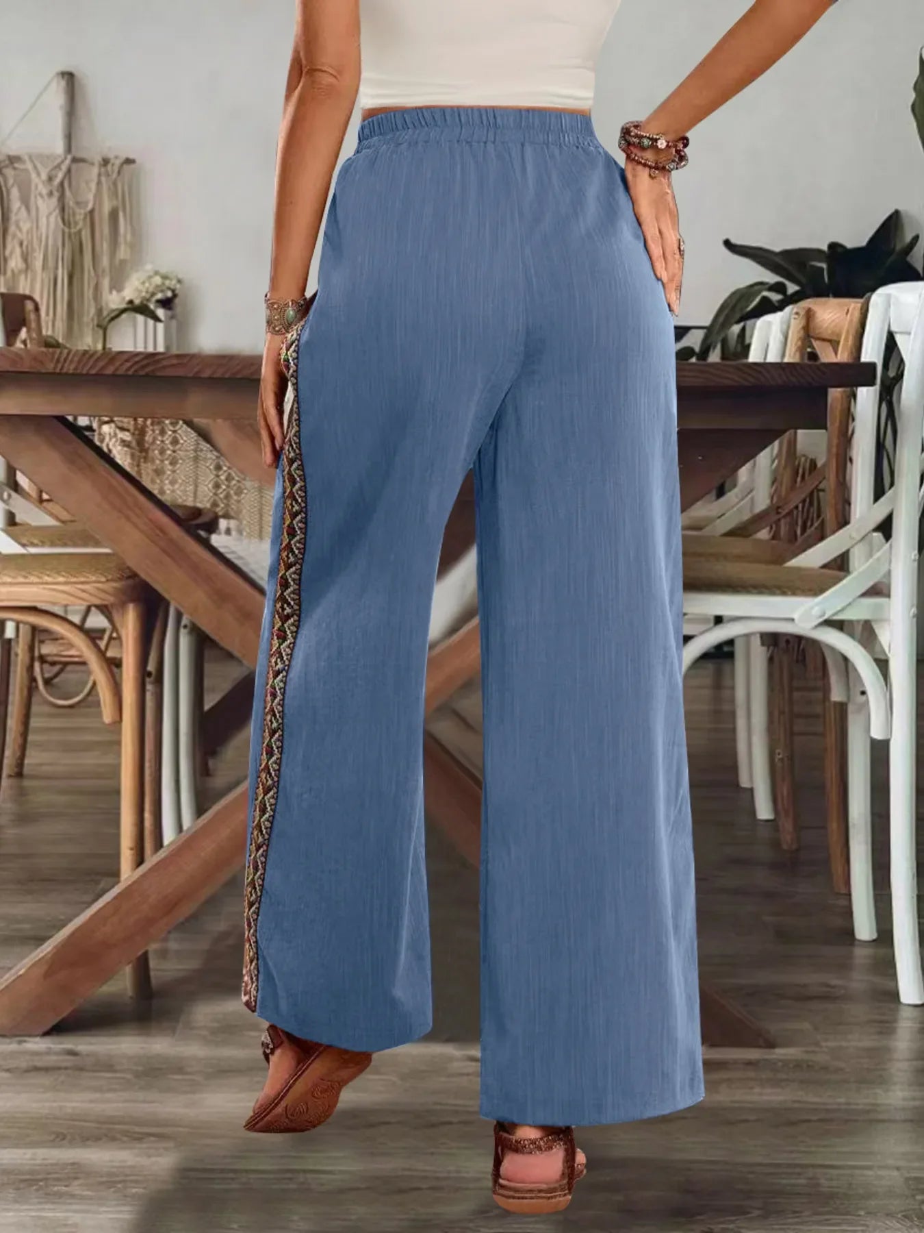 Bohemian Wide Leg Embroidered Side Stripe Pants - minbolu -