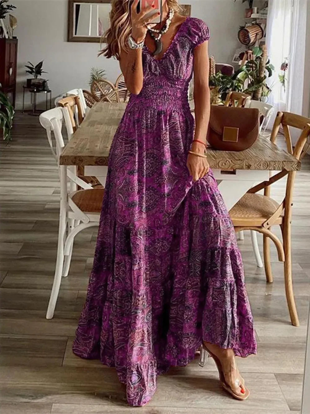 Full Size Smocked Printed V-Neck Short Sleeve Dress - minbolu -