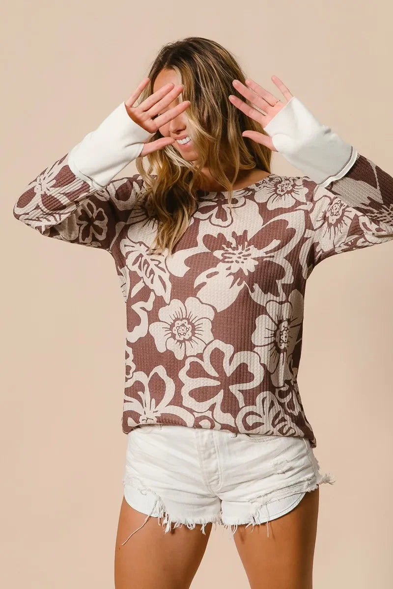 Women's Long Sleeve Top - BiBi Flower Printed Waffle Thumb Opening Boho Long Sleeve Top - minbolu -