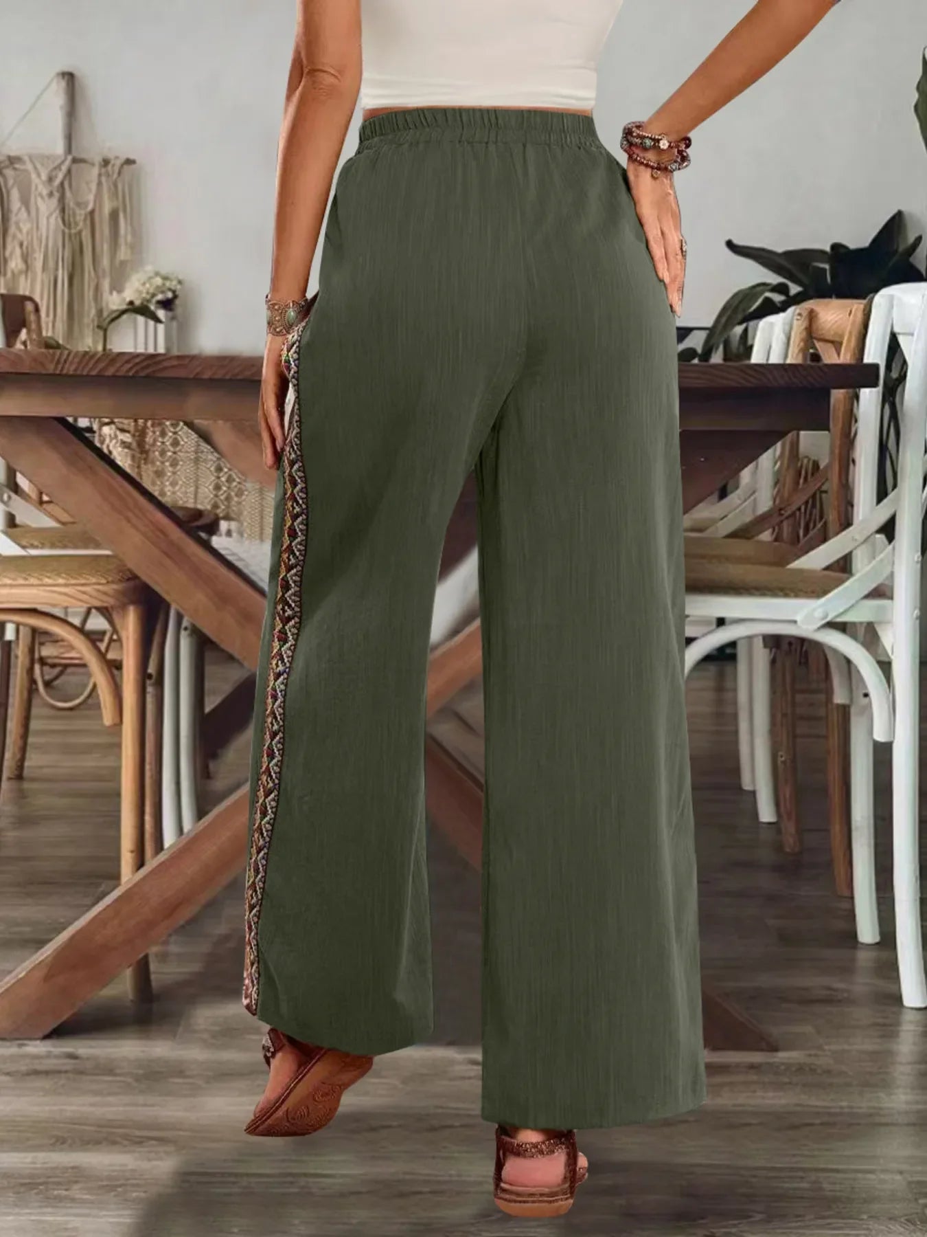 Bohemian Wide Leg Embroidered Side Stripe Pants - minbolu -