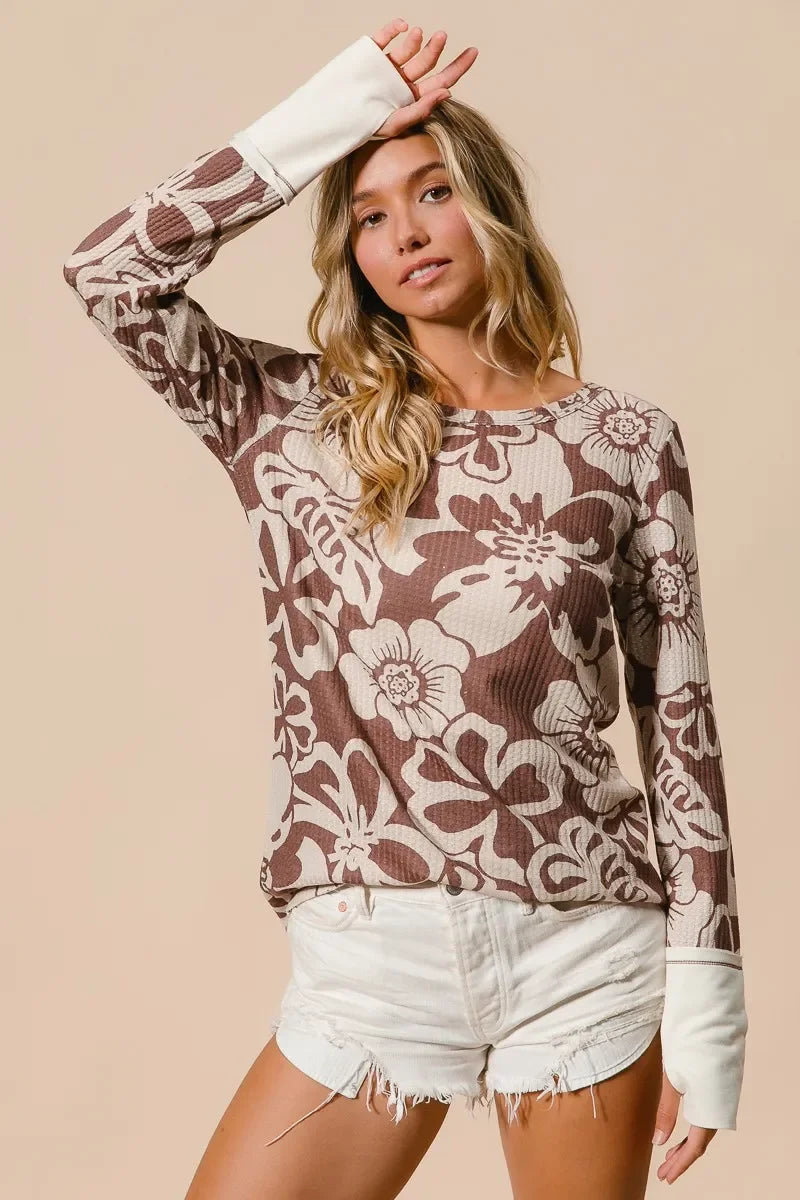 Women's Long Sleeve Top - BiBi Flower Printed Waffle Thumb Opening Boho Long Sleeve Top - minbolu -