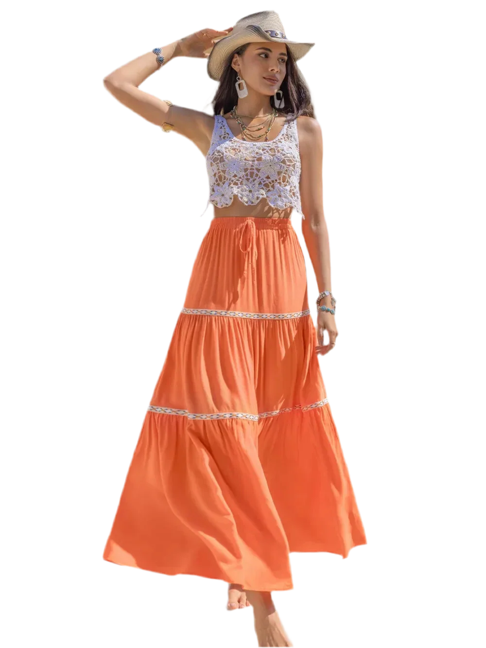 Ruched High Waist Maxi Tiered Skirt - minbolu -