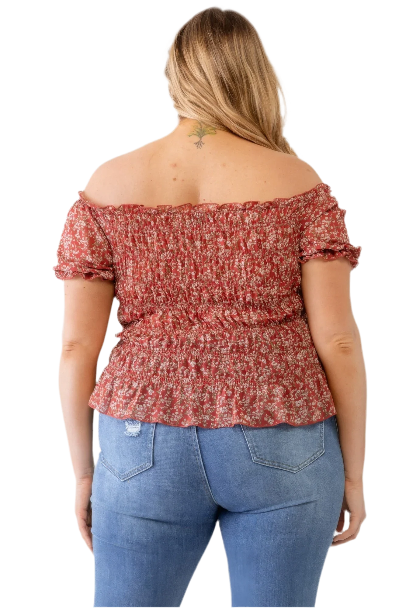 Plus Floral Chiffon Ruched Off-Shoulder Top - Red - minbolu -
