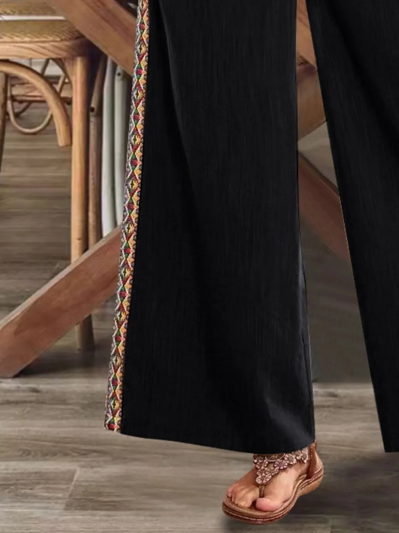 Bohemian Wide Leg Embroidered Side Stripe Pants - minbolu -