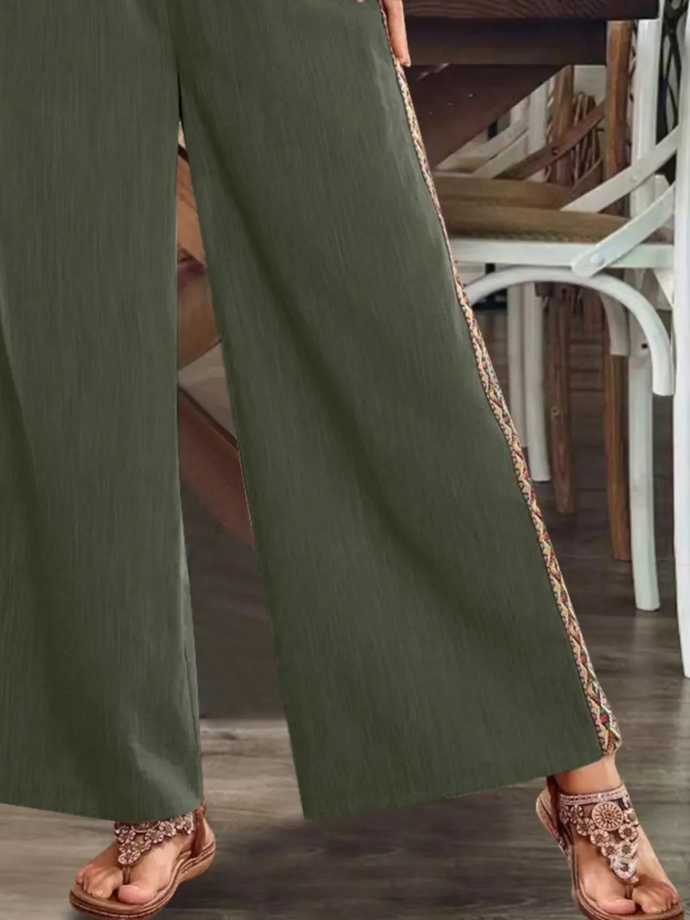 Bohemian Wide Leg Embroidered Side Stripe Pants - minbolu -