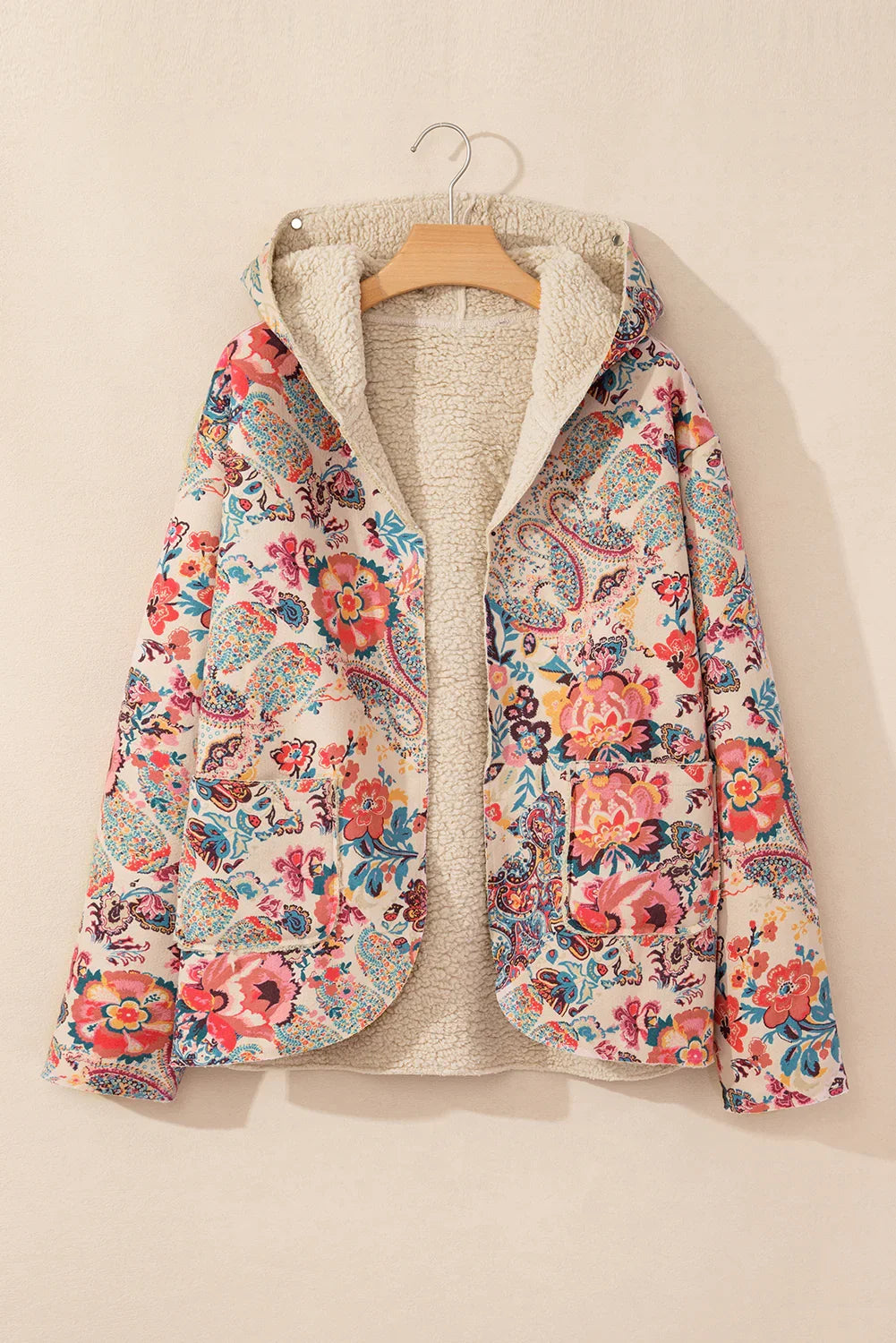 Beige Vintage Paisley Floral Printed Sherpa Lined Hooded Jacket - minbolu -