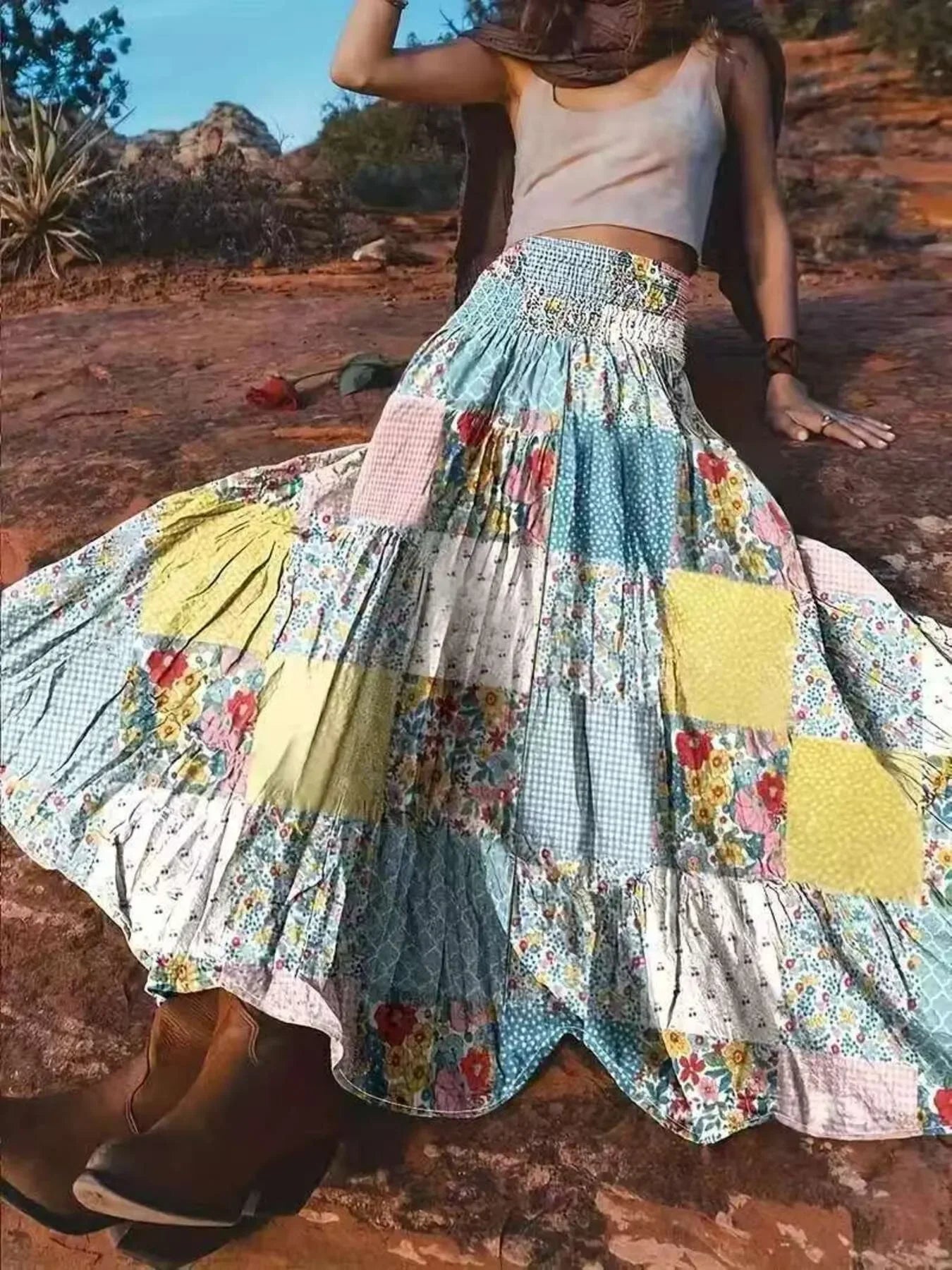 Smocked Waist Printed Maxi Skirt - minbolu -
