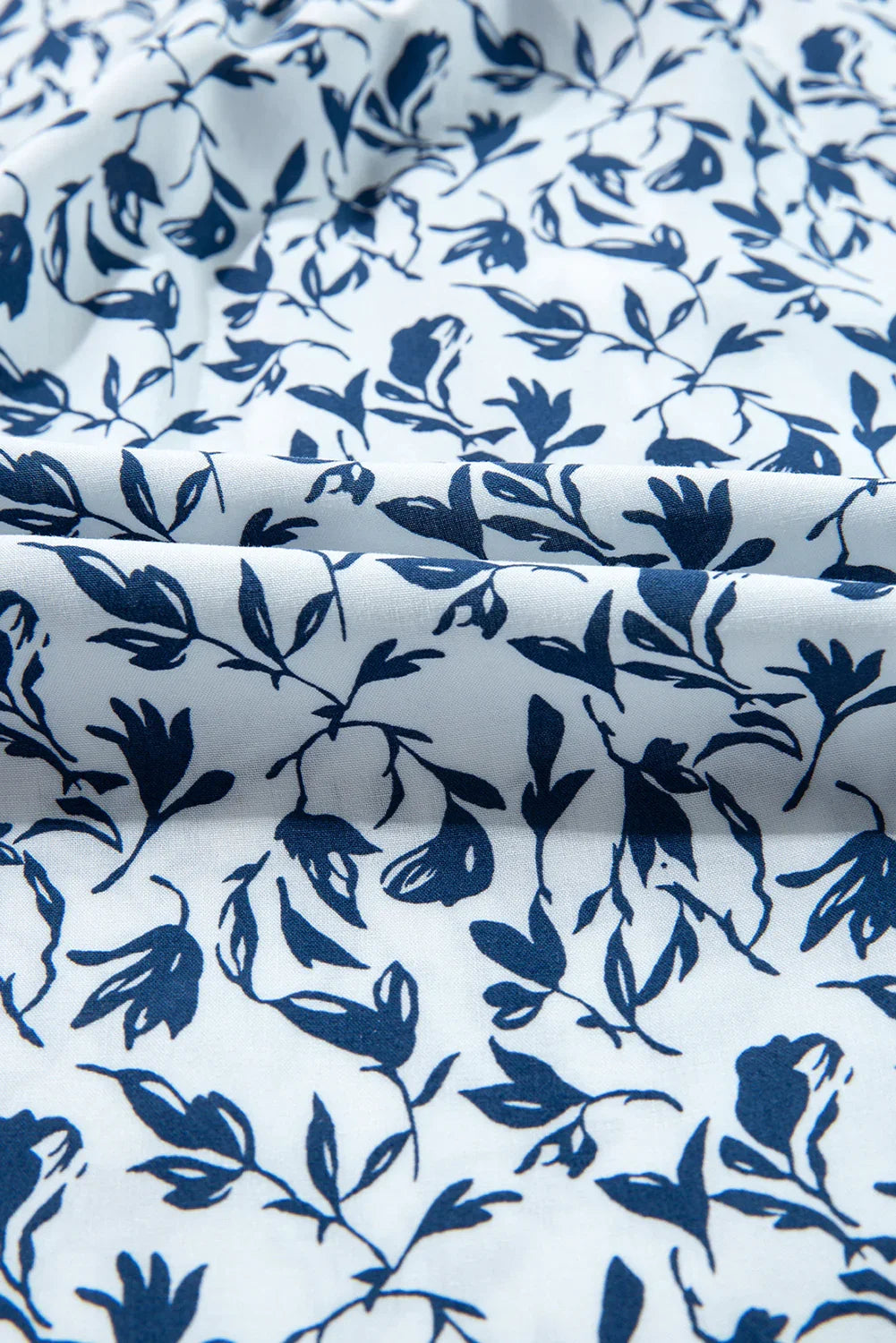 Blue Floral Print Lace Detail Puff Sleeve Shirt - minbolu -