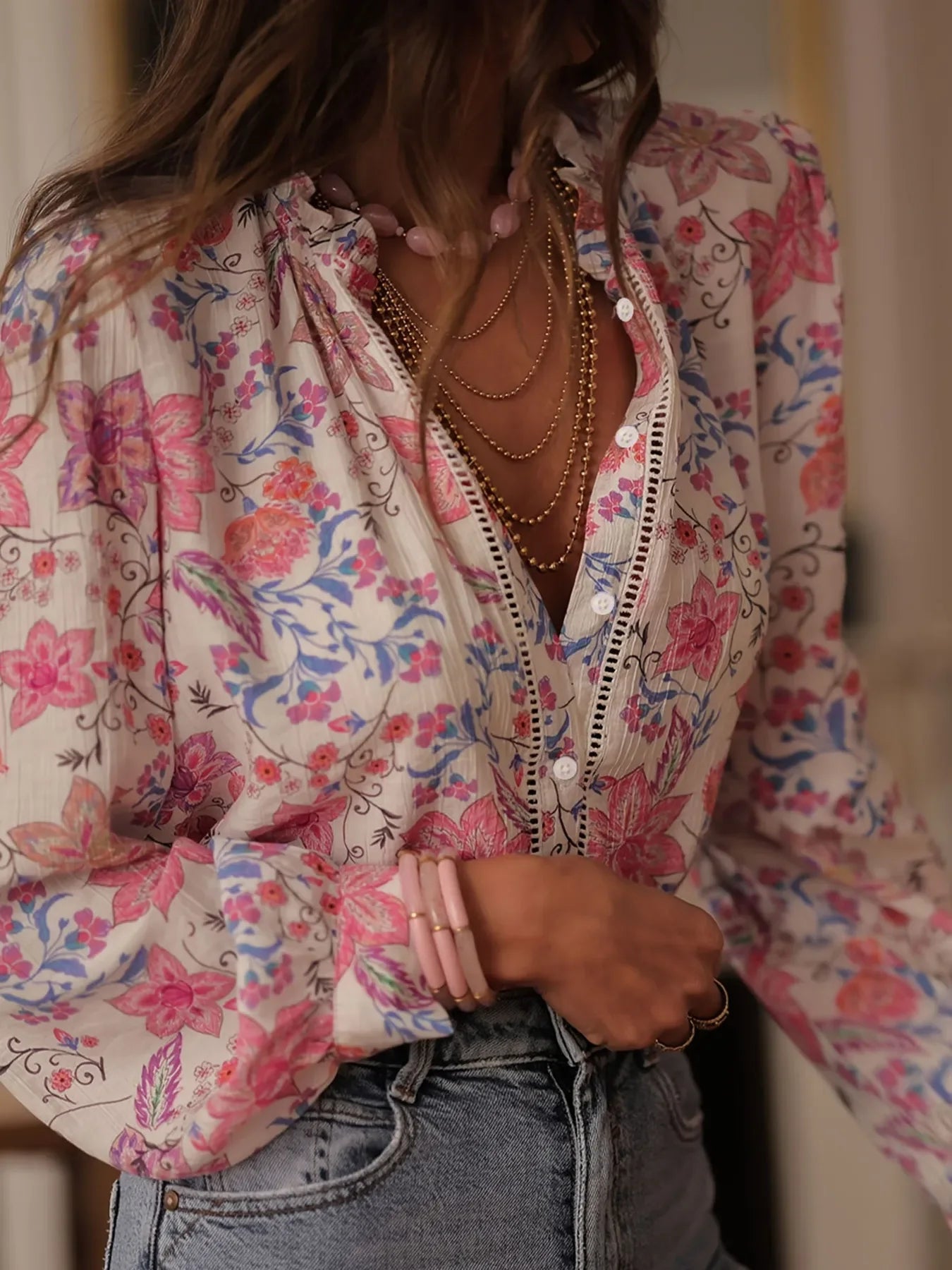 Floral Print Button Up Shirt - minbolu -