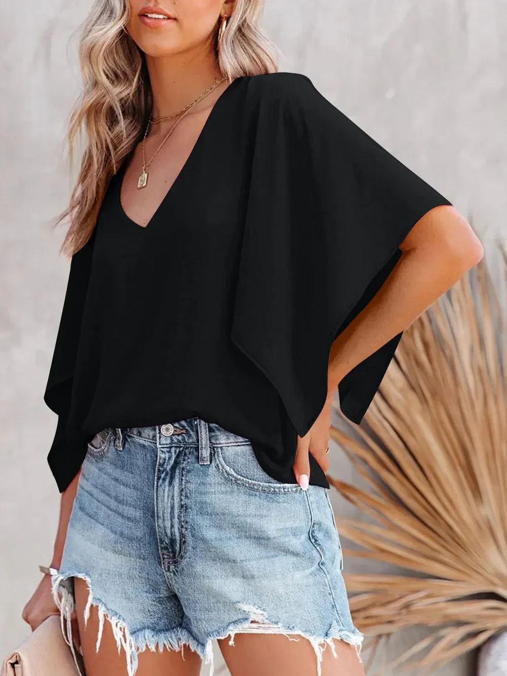 Loose-Fitting Blouse - Women's V-Neck Short-Sleeve Boho Style - minbolu -