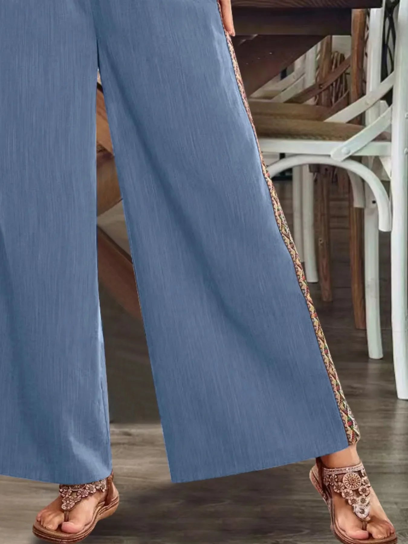 Bohemian Wide Leg Embroidered Side Stripe Pants - minbolu -