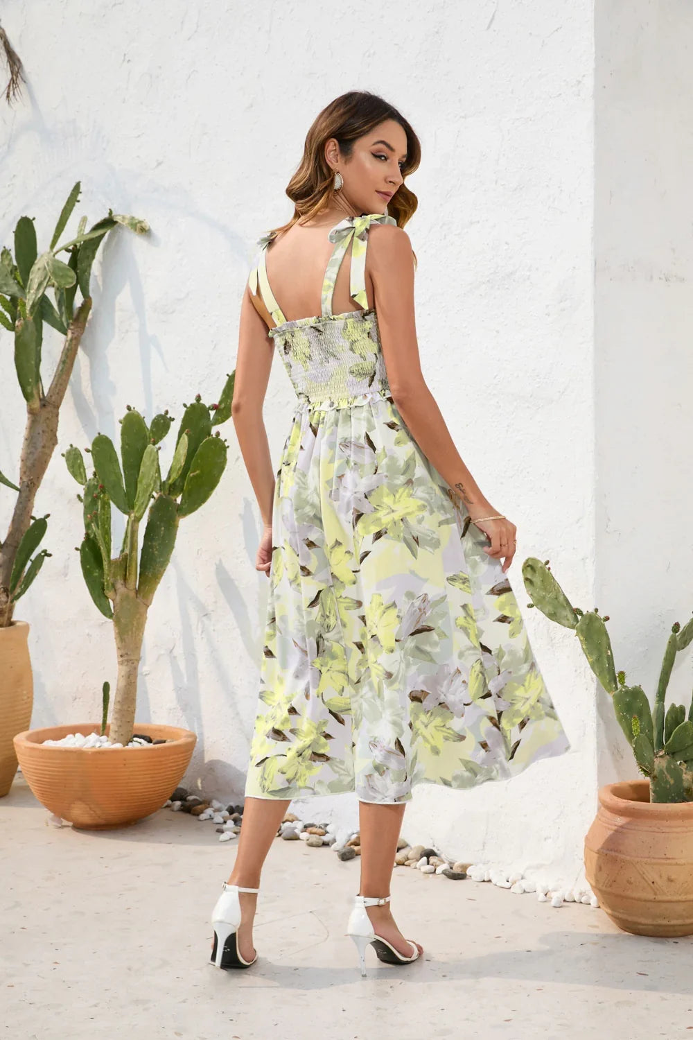 Printed Square Neck Midi Dress - minbolu -